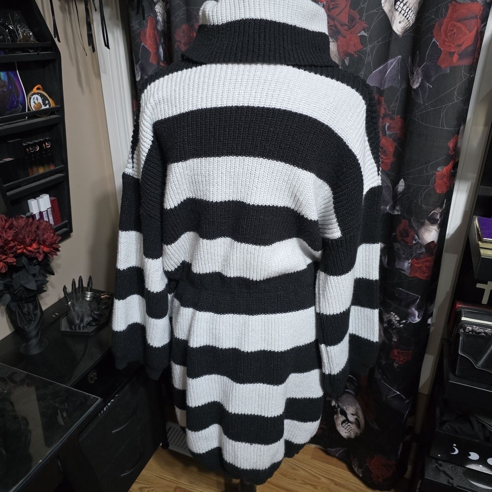 Striped Black and White Turtleneck Sweater Dress, XL - Picture 5 of 7